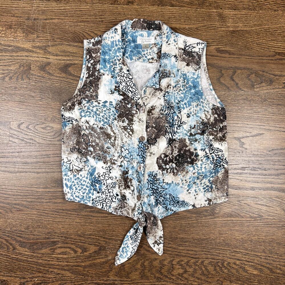Christopher Banks Shirt Womens Small Blue Brown Floral‎ Tie Front Sleeveless Top